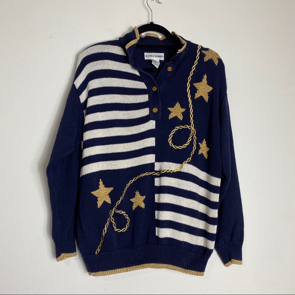 Vintage Alfred Dunner Star Chain Split Front Stripe Sweater XL